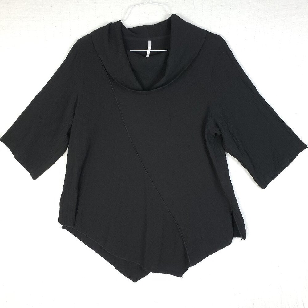 KIYO Asymmetrical Tunic Top Lagenlook Cowl Neck Black 3/4 Sleeve size M Relaxed